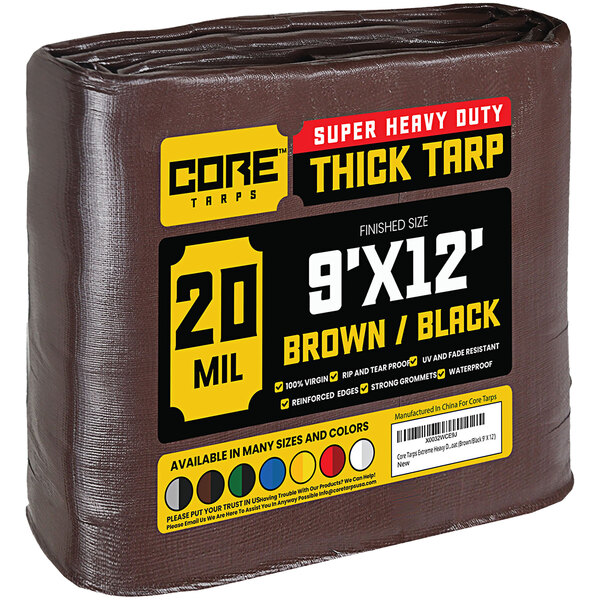 A brown plastic Core Tarps bag holding a brown and black 20 mil poly tarp.