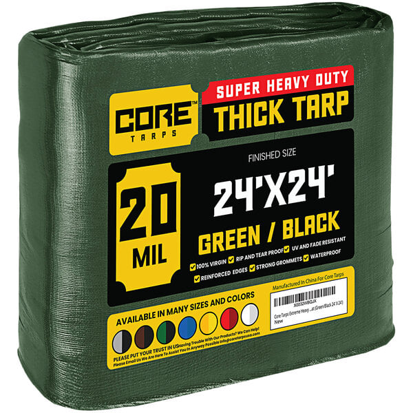 A green tarp wrapped in plastic.
