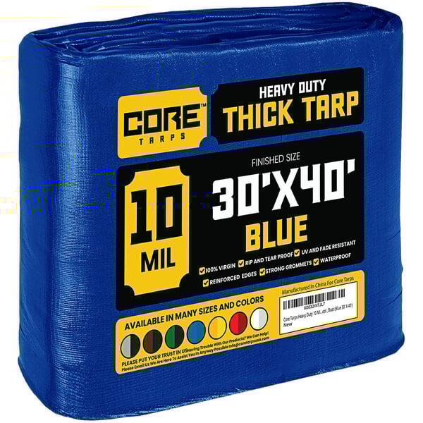 A blue Core Heavy-Duty Weatherproof Poly Tarp with reinforced edges.
