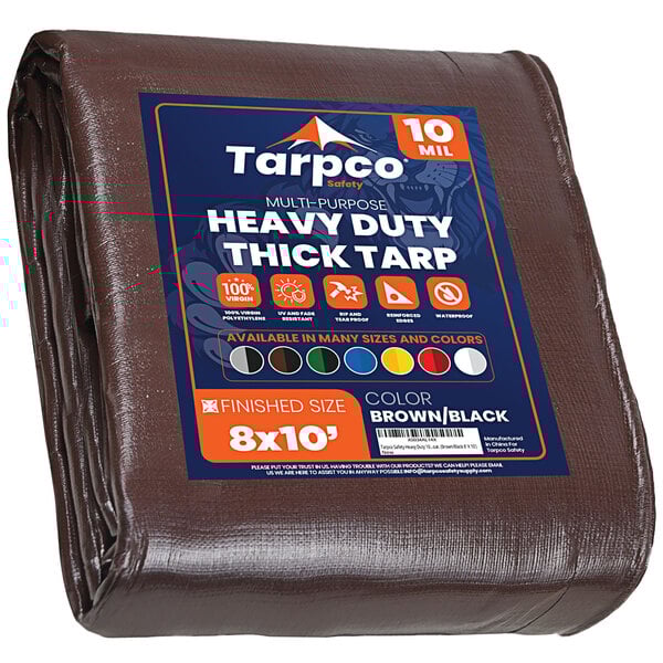 A brown and black Tarpco heavy-duty weatherproof tarp with reinforced edges.