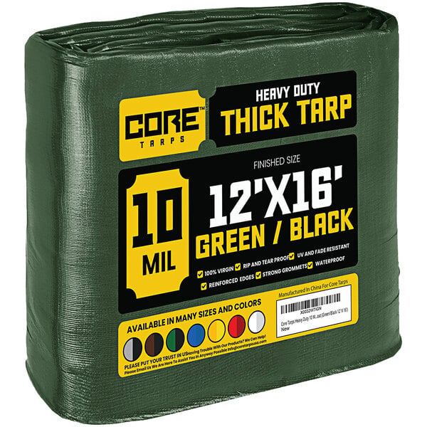 A green Core 12' x 16' heavy-duty weatherproof tarp in plastic packaging.