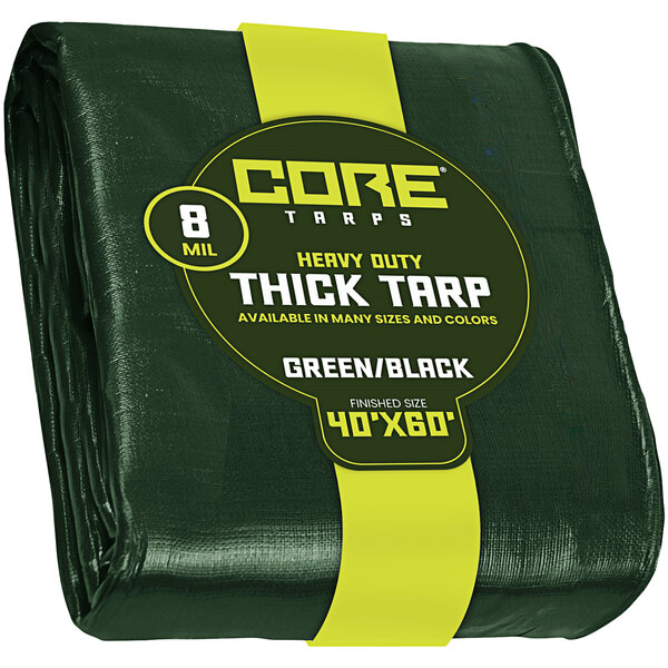 A green tarp with a yellow band and black lettering.