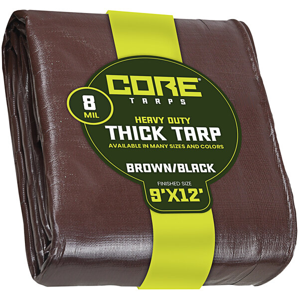 A brown Core 9' x 12' tarp with reinforced edges.