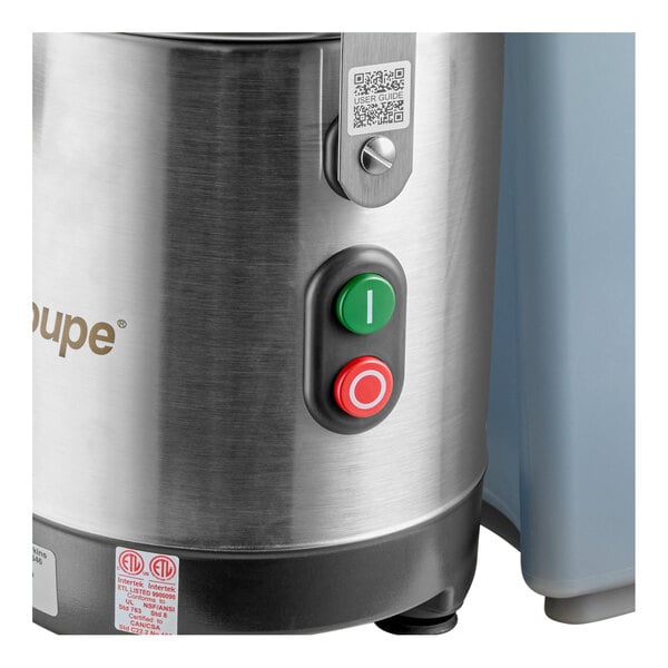 A stainless steel Robot Coupe J80 automatic juicer with green and red control buttons and a pulp ejection feature.