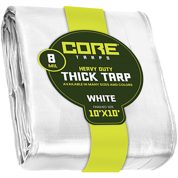 A white package with a Core 10' x 10' white heavy-duty tarp inside.