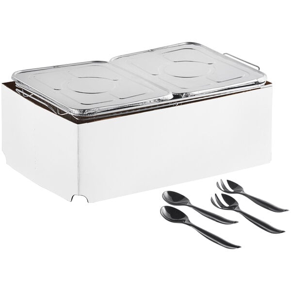 A white box with Choice disposable chafer dishes and silverware, including spoons and forks.