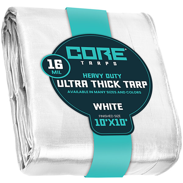 A white Core Extra Heavy-Duty Poly Tarp wrapped in blue packaging.