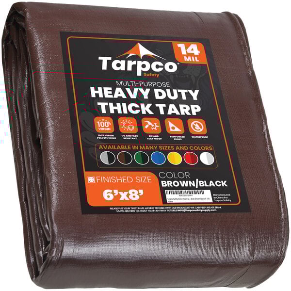 A brown Tarpco poly tarp with white text on the label.