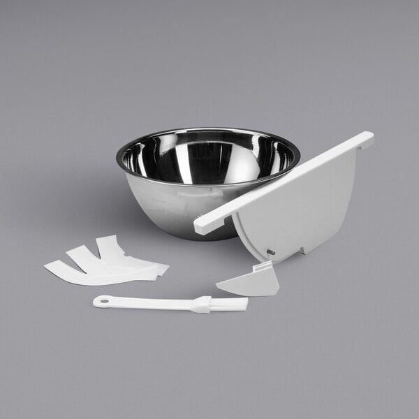 A stainless steel bowl with a white cover.