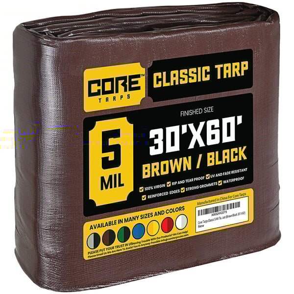 A brown tarp with reinforced edges in plastic packaging.