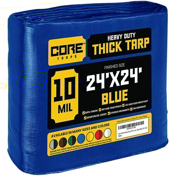A blue heavy-duty 24' x 24' Core Poly Tarp with reinforced edges.