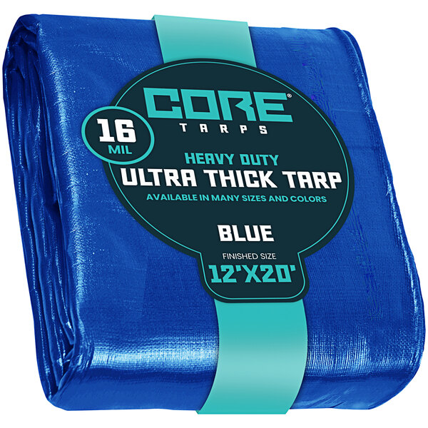 A blue Core Extra Heavy-Duty Poly Tarp with reinforced edges in blue plastic packaging.