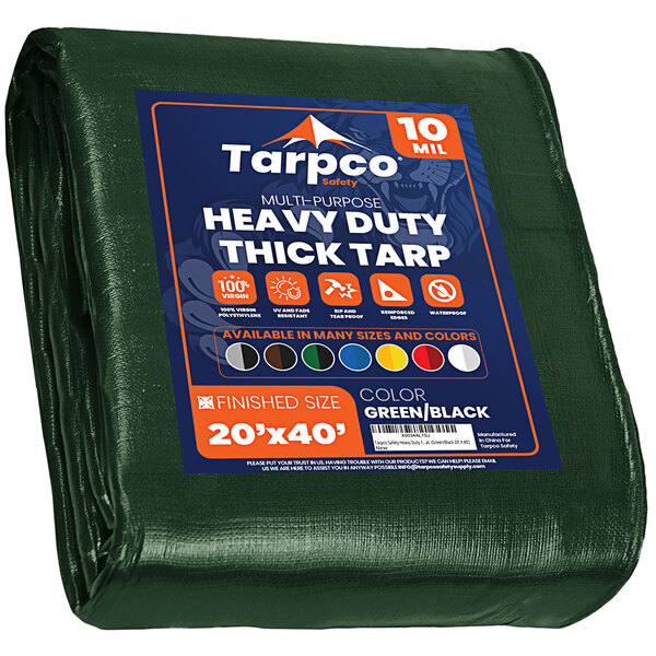 A green Tarpco heavy-duty weatherproof tarp with blue and white label reading "Tarpco Safety"