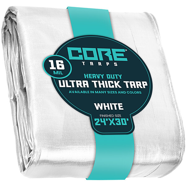 A white Core Extra Heavy-Duty Poly Tarp with blue label wrapped around it.