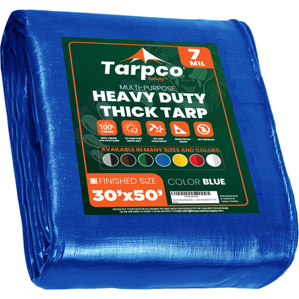 A blue Tarpco heavy-duty weatherproof poly tarp with reinforced edges.