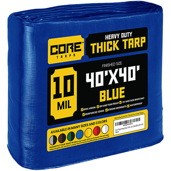 A blue Core 40' x 40' heavy-duty poly tarp with reinforced edges in plastic packaging.