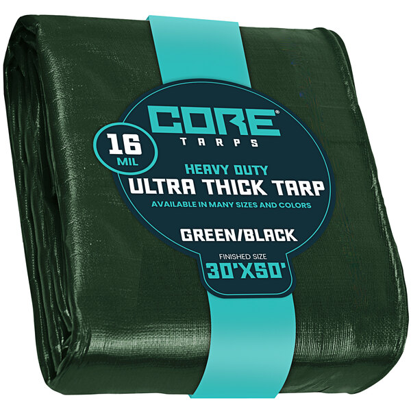 A green and black Core heavy-duty weatherproof tarp with reinforced edges.