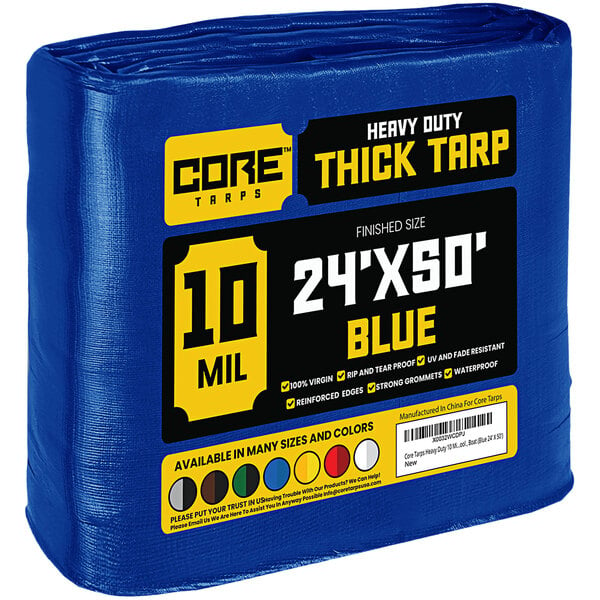 A blue tarp with the words "Core Heavy-Duty Weatherproof 10 Mil Poly Tarp" wrapped in plastic.