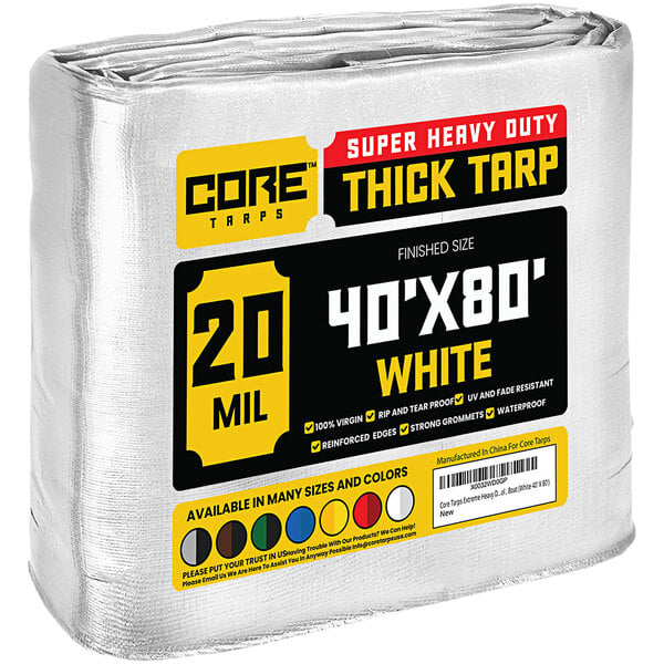 A large roll of white Core Extreme Heavy-Duty 20 Mil Poly Tarp.