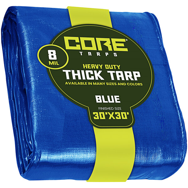 A package of blue Core heavy-duty weatherproof tarps with reinforced edges.