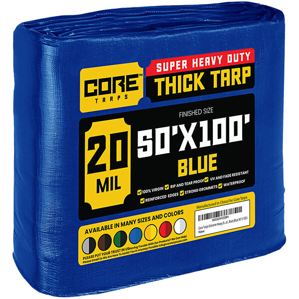A blue 50' x 100' Core Extreme Heavy-Duty Weatherproof Poly Tarp with reinforced edges.