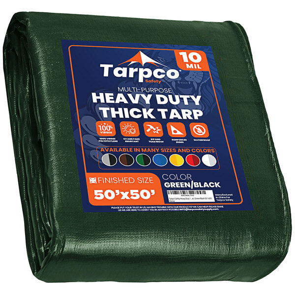 A green and black Tarpco Safety heavy-duty weatherproof tarp with reinforced edges.