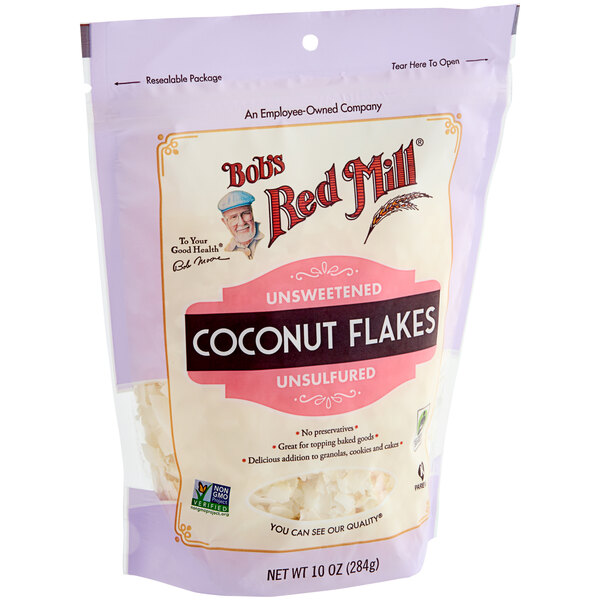 A bag of Bob's Red Mill unsweetened coconut flakes.
