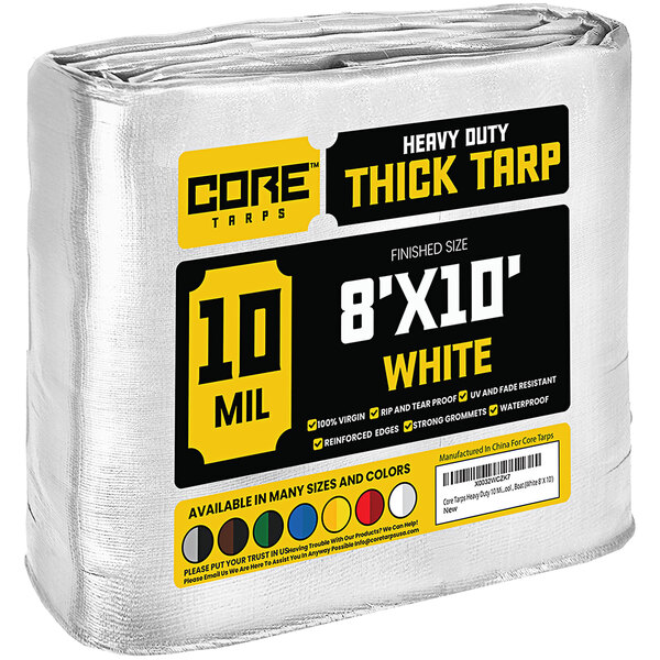 A white Core 8' x 10' tarp with reinforced edges in a yellow and blue package.