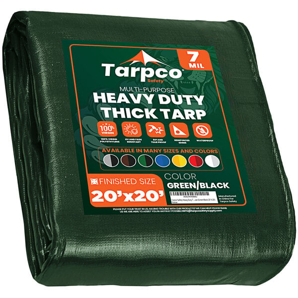 A green Tarpco heavy-duty tarp with white text reading "Tarpco Safety"