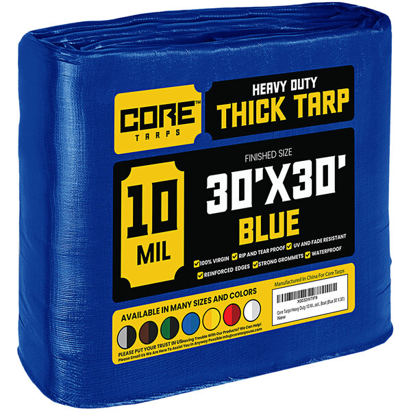 A blue Core heavy-duty weatherproof tarp with reinforced edges in plastic packaging.