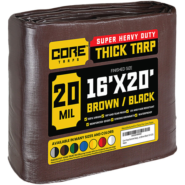 A brown and black Core 16' x 20' heavy-duty poly tarp with reinforced edges.