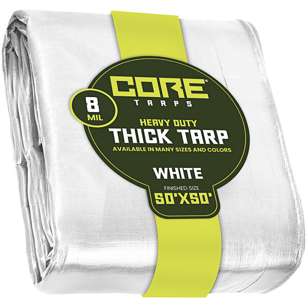 A package of white Core Heavy-Duty Poly Tarps with reinforced edges.