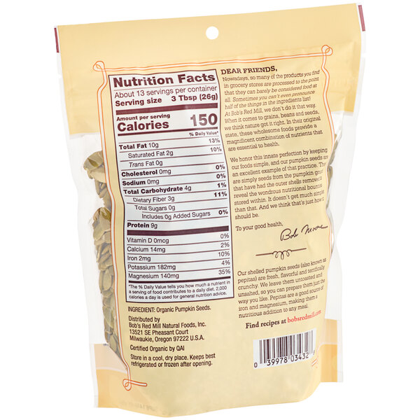 A bag of Bob's Red Mill Organic Raw Pumpkin Seeds with a nutrition label.