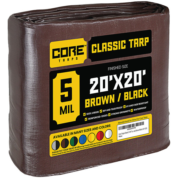 A brown Core Classic 5-mil poly tarp with reinforced edges.