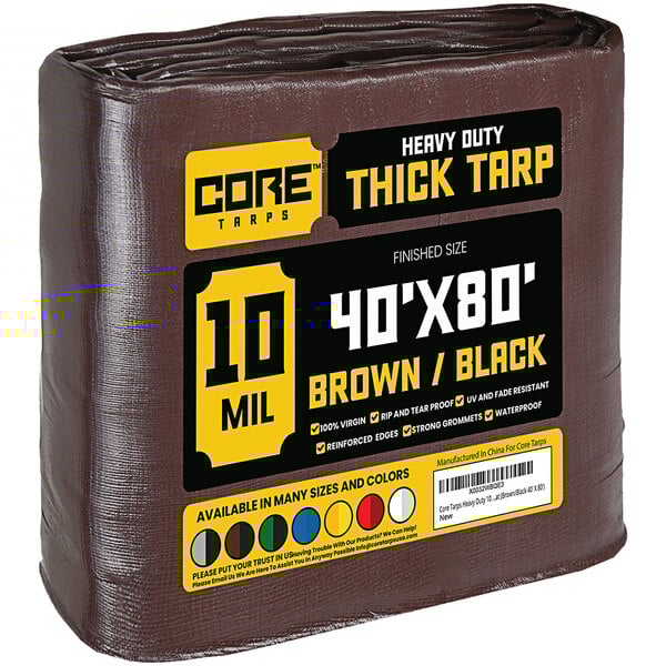A brown plastic roll of Core 40' x 80' heavy-duty weatherproof tarps.