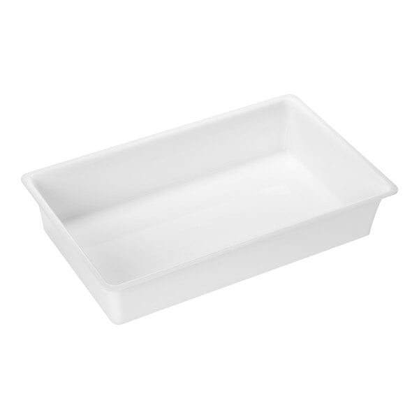 A white, rectangular, deep serving bowl with smooth sides and slightly flared edges.