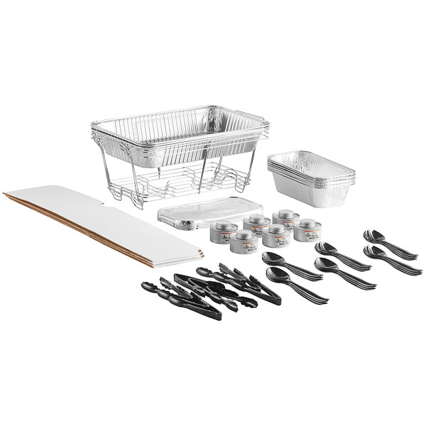 A Choice 60 piece disposable chafing dish kit with utensils on a table outdoors.