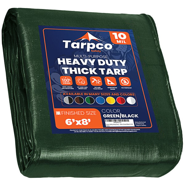 A green Tarpco heavy-duty tarp in plastic packaging.