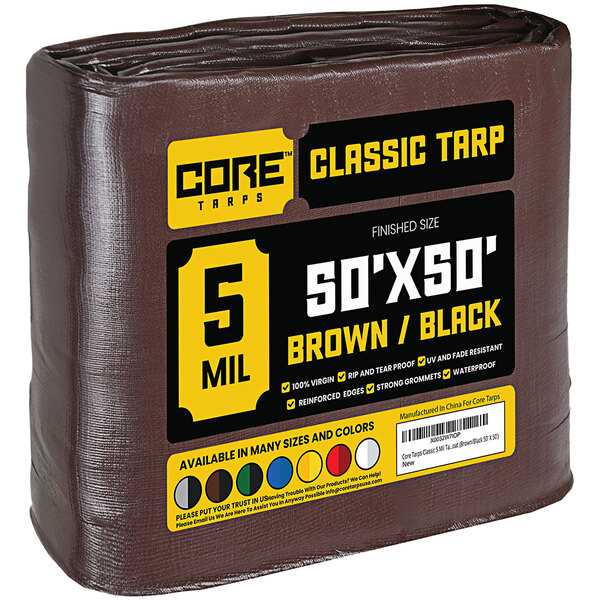 A roll of brown Core Classic 50' x 50' tarps.