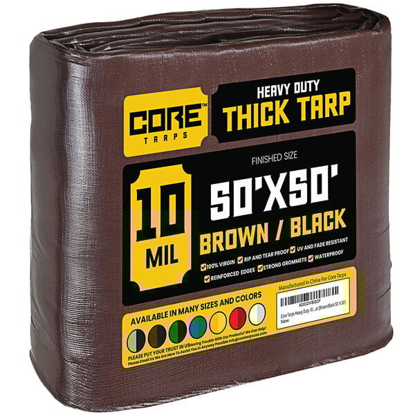 A brown plastic bag wrapped around a brown heavy-duty Core Poly Tarp.