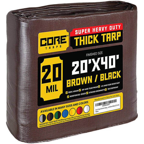 A brown Core 20' x 40' poly tarp with reinforced edges.