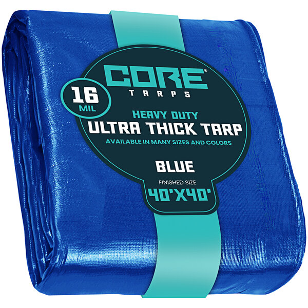 A package of blue Core tarps with reinforced edges.