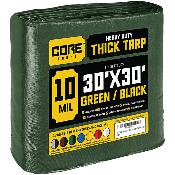 A green Core Heavy-Duty Weatherproof Poly Tarp with reinforced edges wrapped in plastic.