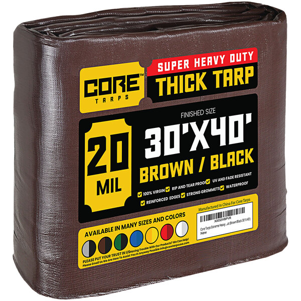 A brown and black Core Heavy-Duty Poly Tarp with reinforced edges.
