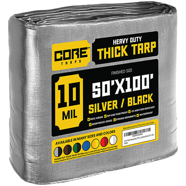 A roll of Core Silver and Black Heavy-Duty Weatherproof Poly Tarp with yellow and blue labels.