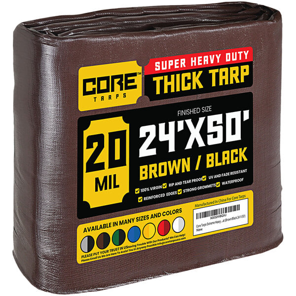 A brown and black Core 24' x 50' heavy-duty poly tarp with reinforced edges.
