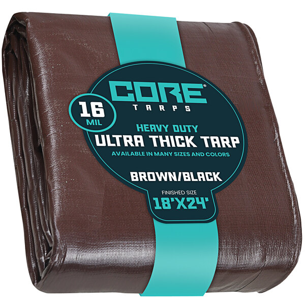 A brown tarp with black and blue bands that says "Core Ultra Thick Tack" on the label.