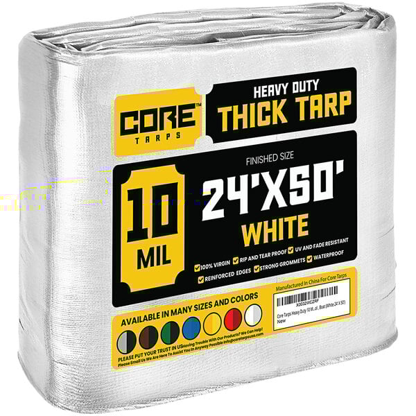 A large roll of white Core Heavy-Duty Weatherproof Tarp with reinforced edges.
