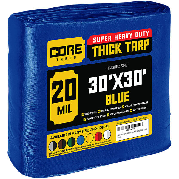 A blue 30' x 30' Core Extreme Heavy-Duty Weatherproof Poly Tarp with reinforced edges.