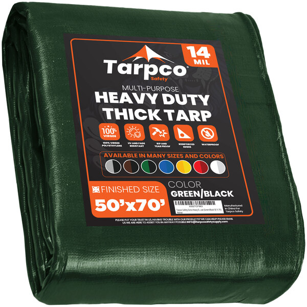 A green Tarpco extra heavy-duty poly tarp with white text.